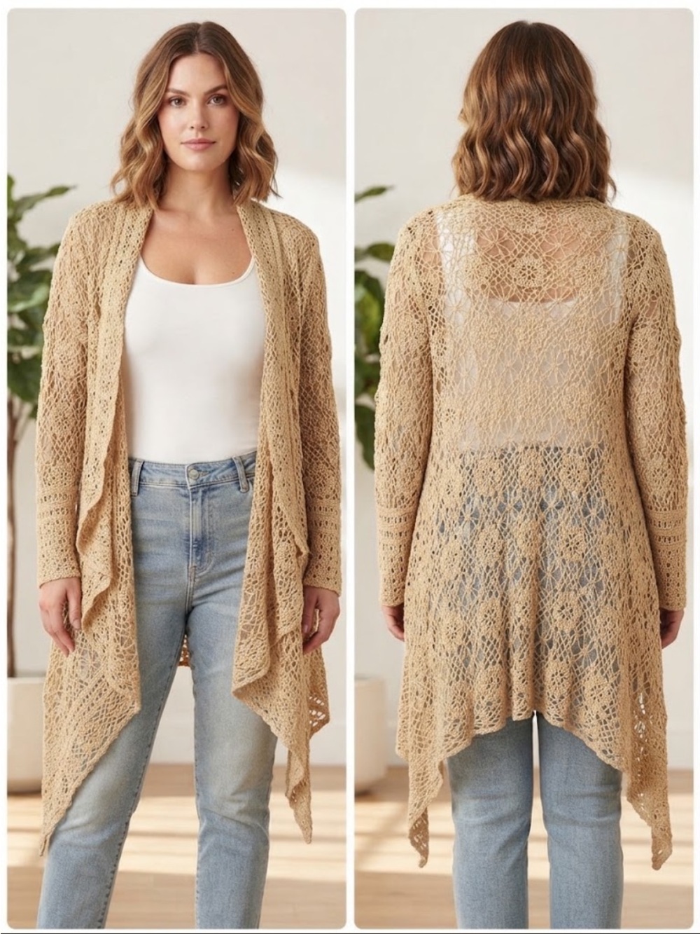 Avenue Boho Gold Metallic Open Knit Crochet Duster Cardigan
Cascade Size 14/16